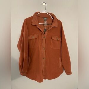 NWT Flannel Shacket Fleece Warm Soft Teddy Jacket Button Size L Orange Brown New